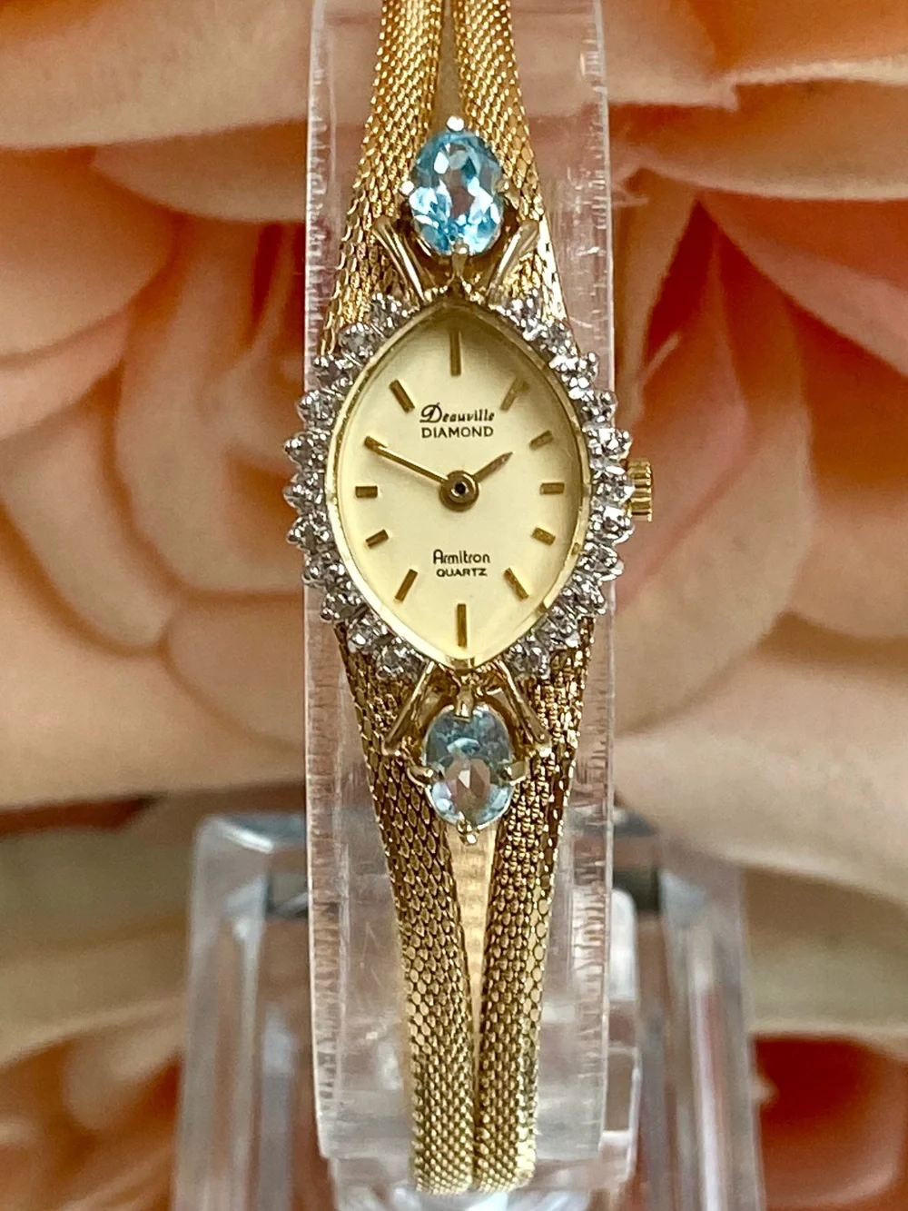 Vintage Deauville Diamond & Blue Topaz Accented Bezel Dainty Cocktail Watch